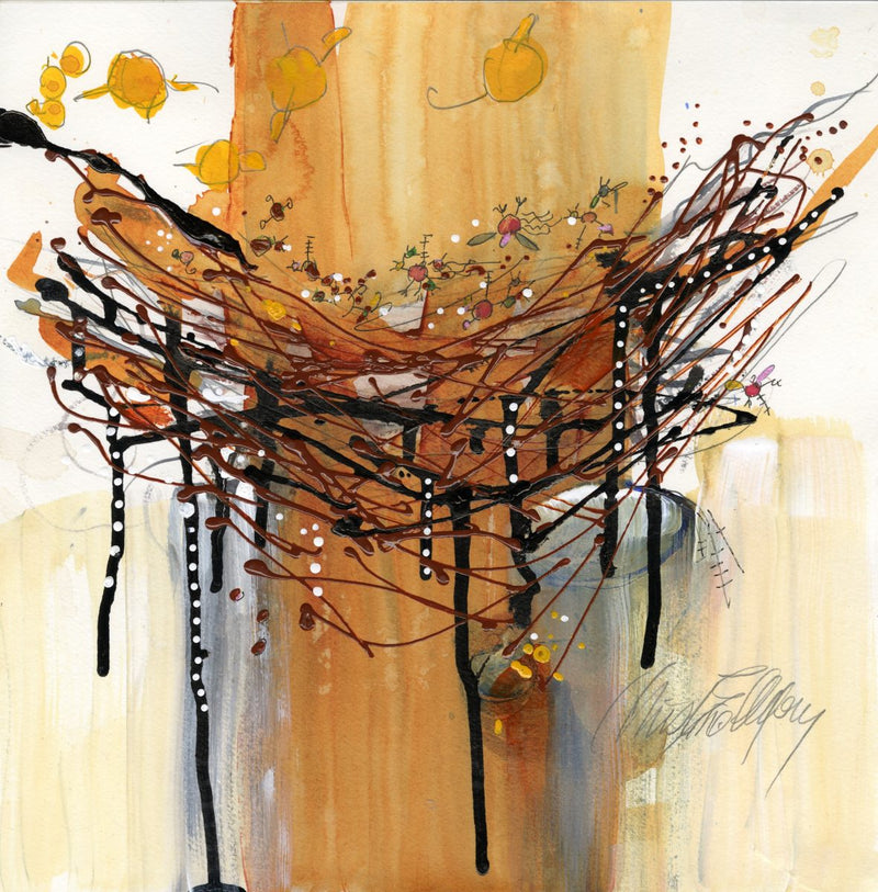 Critters and Yellow Birds Sharing a Nest By Christine Alfery 14 x 14 Watermedia on paper