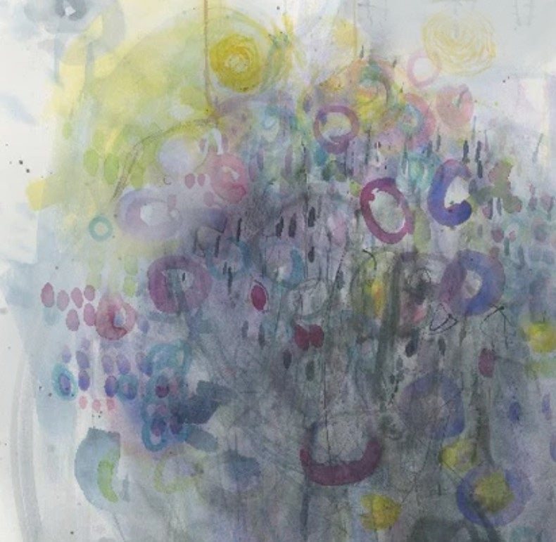 Watermedia painting,  Evening, Fireflies, Bugs Golden Light by Christine Alfery