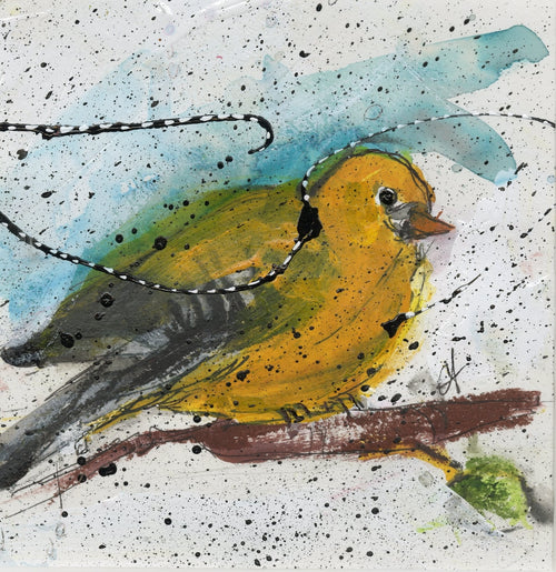 Watermedia painting, Patiently Waiting - Yellow Finch by Christine Alfery