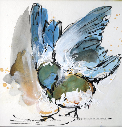 Water media painting, Blue Bird II by Christine Alfery