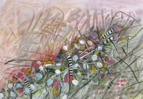 Water media painting, Caterpillars and Fairies in the Garden by Christine Alfery
