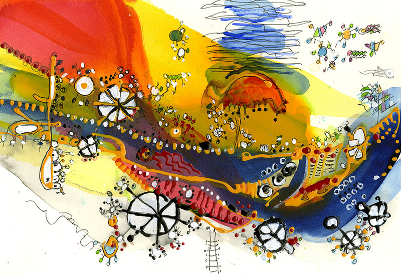 Water media painting,  Circus Flying Machine by Christine Alfery