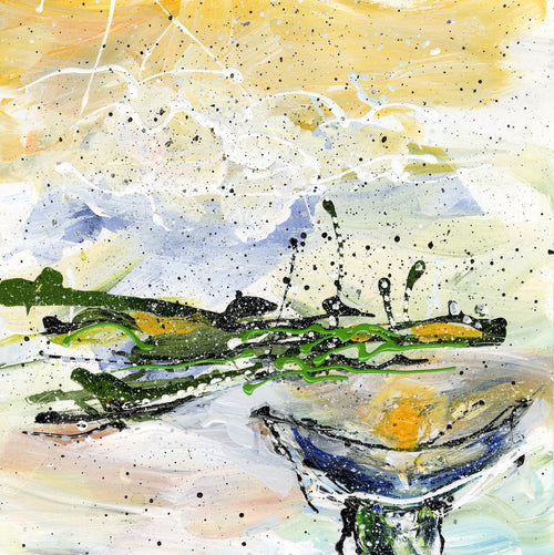 Watermedia painting, Coffee With a Little Yellow Bird At The Bird Bath by Christine Alfery