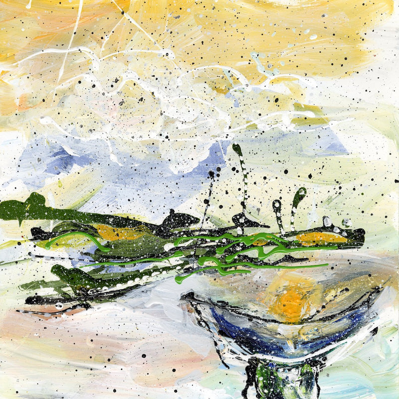Watermedia painting, Coffee With a Little Yellow Bird At The Bird Bath by Christine Alfery