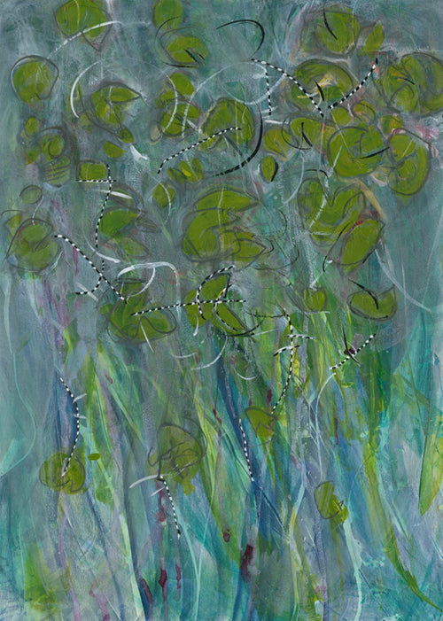 Water media painting, Dancing Dragonflies and Water Lilies by Christine Alfery