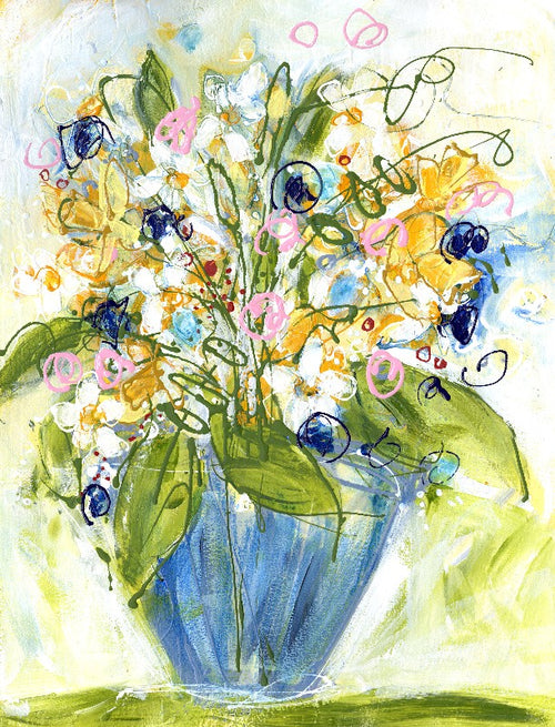 Water media painting, Daisies, Daffodils and Spring by Christine Alfery