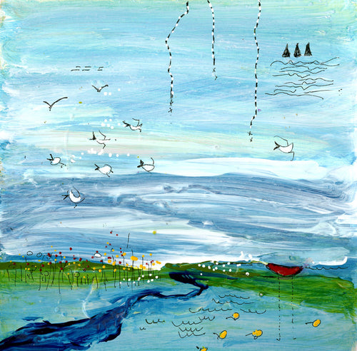 Water media painting, Eagles Nest River and Terns  by Christine Alfery