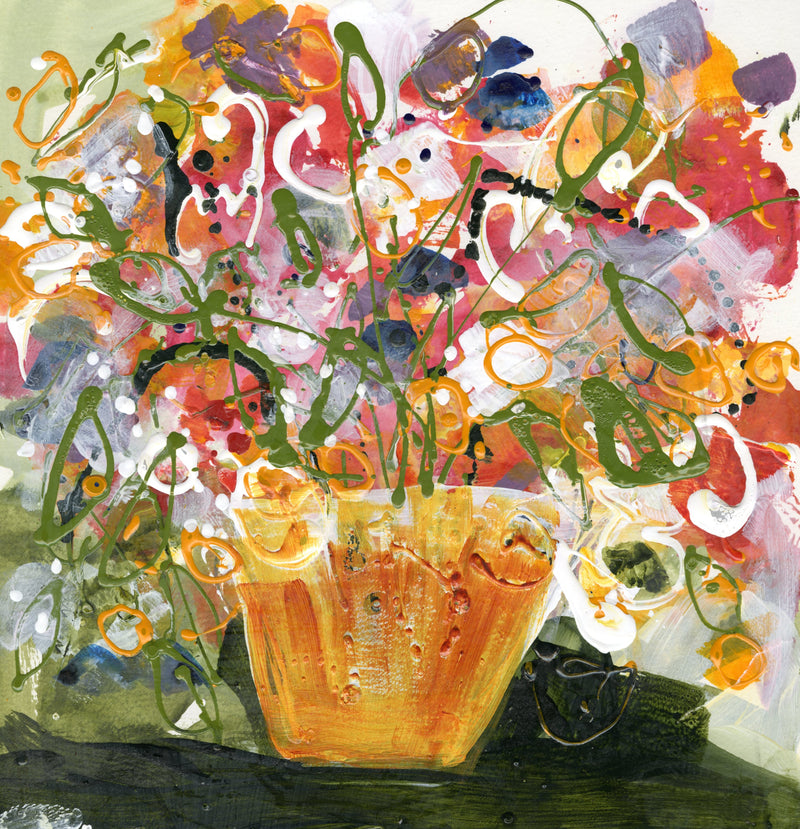 Water media painting, Garden Flowers in a Terracotta Vase by Christine Alfery