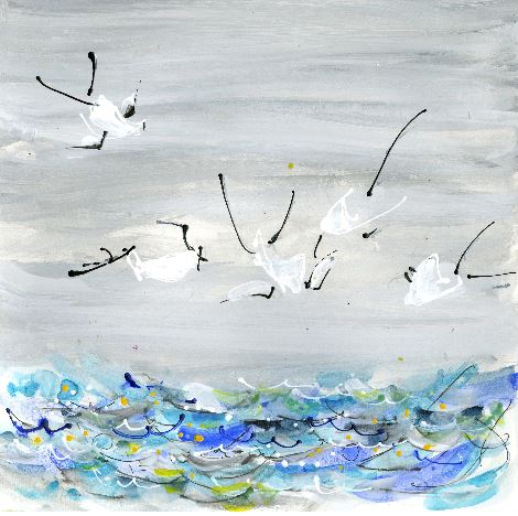 Water media painting, Terns Diving for Fish by Christine Alfery