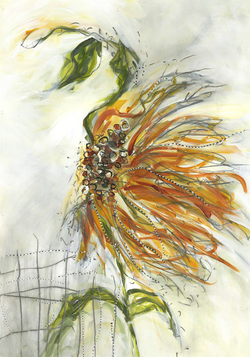 Water media painting, Waltzing Sunflower by Christine Alfery