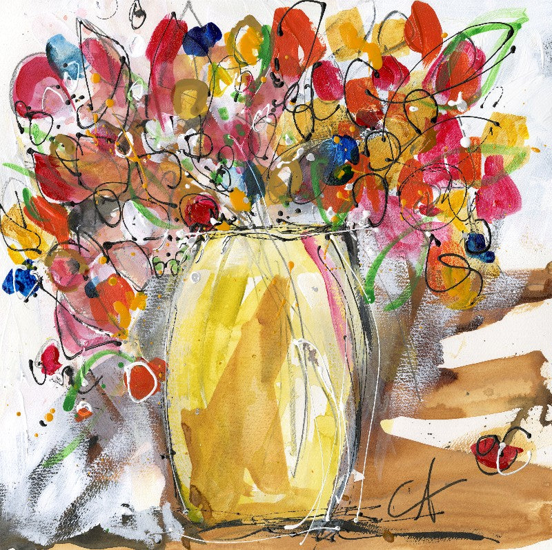 Water media painting, Yellow Vase with Flowers by Christine Alfery