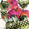 Water media sketch on paper, Checkered Pot Red Flowers by Christine Alfery
