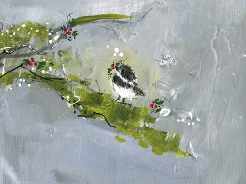 Water media painting, Christmas Chickadee 2020 by Christine Alfery