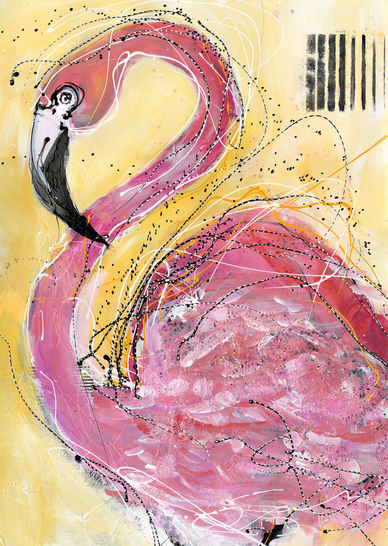 Watermedia painting, Flaming Flamingo by Christine Alfery