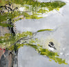 Water media painting, Pine Tree and Chickadee by Christine Alfery