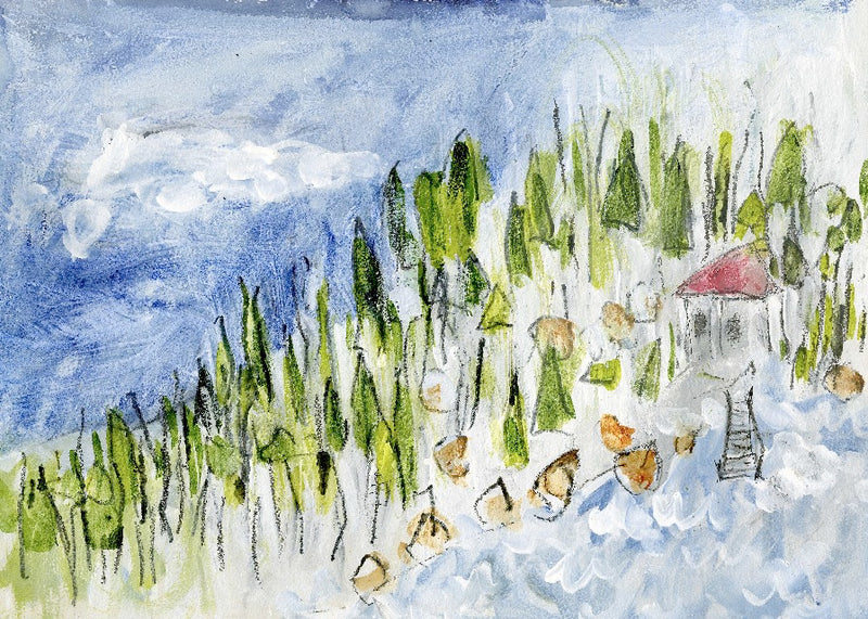 Water media painting, The Fishing Cabin has a Red Roof  by Christine Alfery