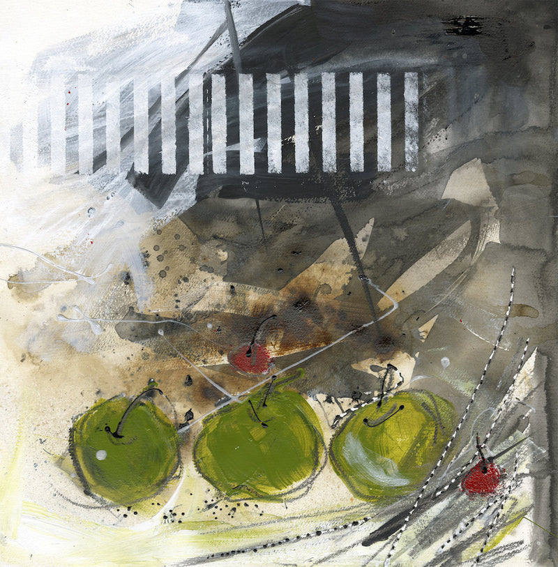 Water media painting, Three Green Apples Two Cherries by Christine Alfery