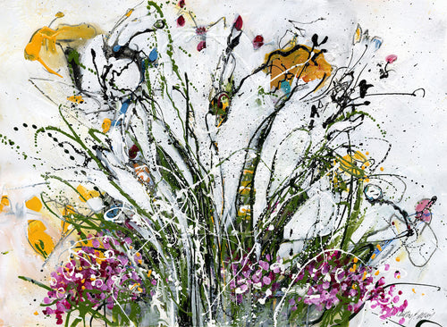 Watermedia painting, Trumpets In the Garden by Christine Alfery