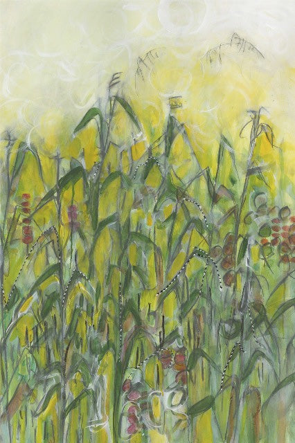 Water media painting, Two Crows in the Corn  by Christine Alfery