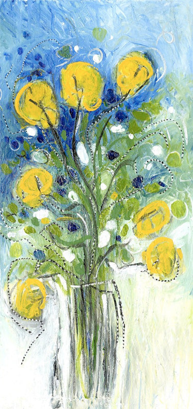Water media painting on paper, Yellow Flowers in a Vase by Christine Alfery
